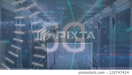 Image of data processing over caucasian male hacker in server room 128747424