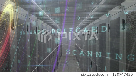 Image of data processing and neon shapes over server room 128747430