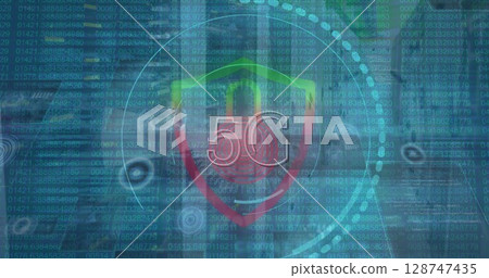 Image of data processing, padlock icon and scope scanning with 5g text over server room 128747435