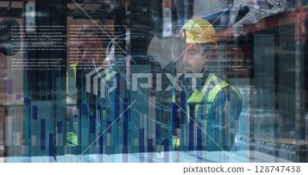 Image of statistical data processing over two male workers discussing at warehouse Image of statistical data processing over two male workers discussing at warehouse 128747438
