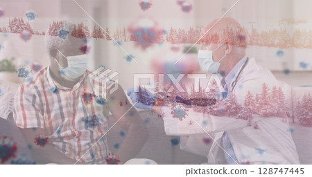 Image of virus cells over caucasian male doctor with patient Image of virus cells over caucasian male doctor with patient 128747445