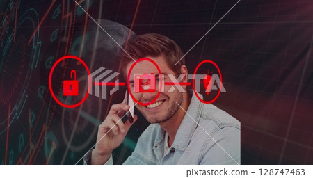 Image of network of connections over caucasian businessman and globe on black background 128747463