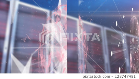 Image of abstract shapes with global network and data processing over computer servers 128747481