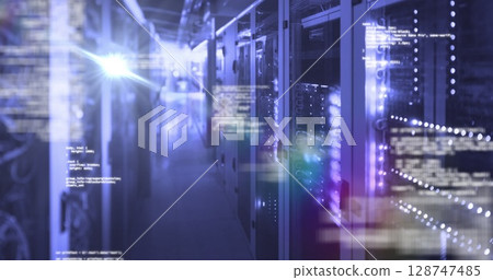 Image of data processing over glowing computer servers in server room Image of data processing over glowing computer servers in server room 128747485