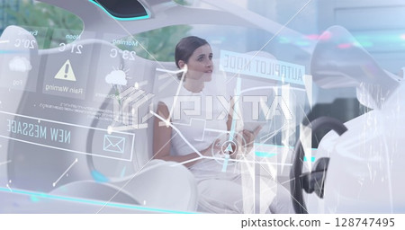 Composition of network of digital icons over business people clapping in office Composition of network of digital icons over business people clapping in office 128747495