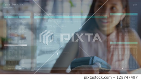 Image of digital interface over women using smartwatch Image of digital interface over women using smartwatch 128747497