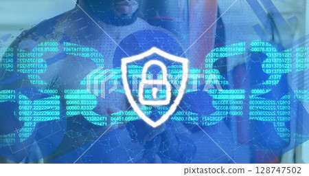 Image of block chain and digital padlock over man preparing for box training Image of block chain and digital padlock over man preparing for box training 128747502