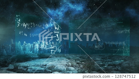Image of mathematical equations over cityscape Image of mathematical equations over cityscape 128747512