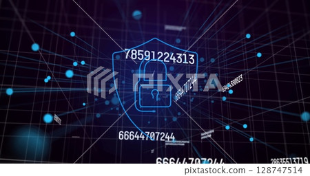 Image of data processing and digital shield with padlock on black background Image of data processing and digital shield with padlock on black background 128747514