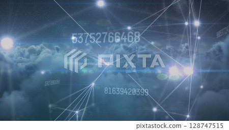 Image of changing numbers and glowing network of connections against dark clouds in the sky Image of changing numbers and glowing network of connections against dark clouds in the sky 128747515
