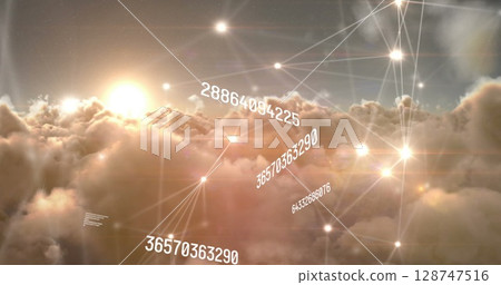 Image of network of connections and data processing over sky with clouds Image of network of connections and data processing over sky with clouds 128747516