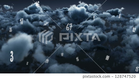Image of multiple numbers floating over dark clouds in the sky 128747520