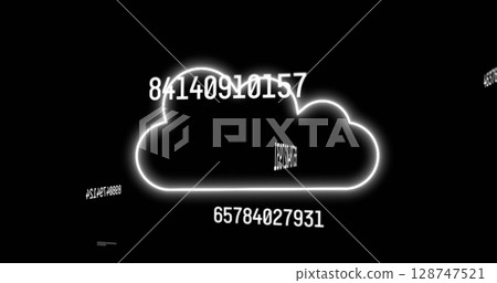 Image of changing numbers over glowing cloud icon against black background 128747521