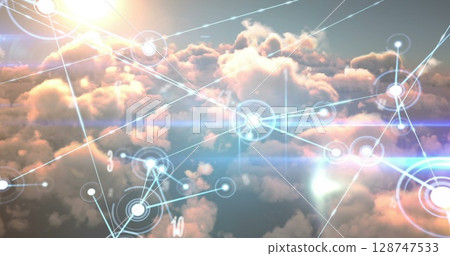 Image of multiple numbers and glowing network of connections against clouds in the sky Image of multiple numbers and glowing network of connections against clouds in the sky 128747533