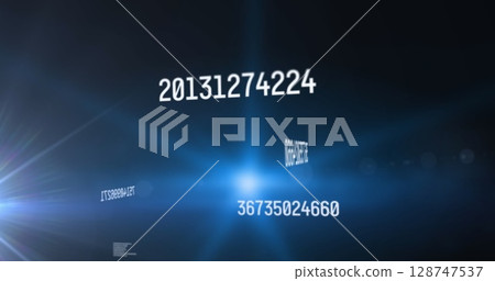 Image of multiple changing numbers floating over blue spot of light against black background Image of multiple changing numbers floating over blue spot of light against black background 128747537