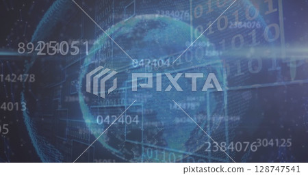 Image of multiple changing numbers over binary coding and globe against blue background Image of multiple changing numbers over binary coding and globe against blue background 128747541