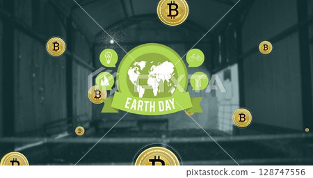 Image of earth day text with globe icon and bitcoin symbols over building interior 128747556