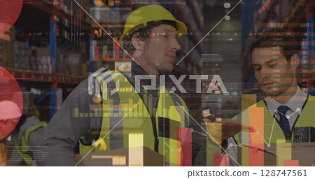 Image of data processing over caucasian male workers 128747561