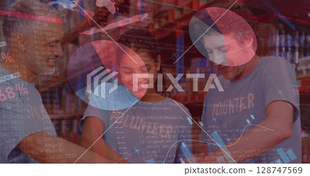 Image of data processing over diverse male and female volunteers opening donation box Image of data processing over diverse male and female volunteers opening donation box 128747569