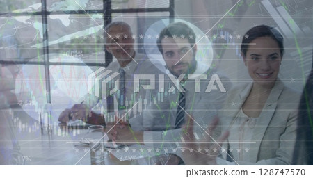 Image of data processing over diverse business people at meeting Image of data processing over diverse business people at meeting 128747570