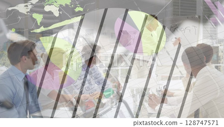 Image of data processing over diverse business people at meeting 128747571