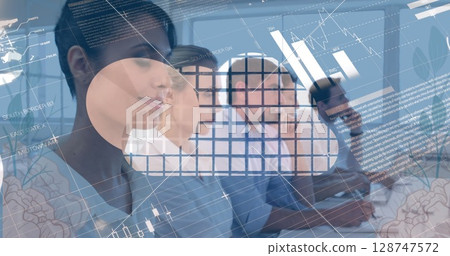 Image of data processing over diverse business people at meeting Image of data processing over diverse business people at meeting 128747572