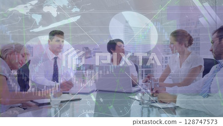 Image of data processing over diverse business people at meeting Image of data processing over diverse business people at meeting 128747573