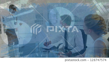 Image of globe and data processing over business people wearing phone headsets Image of globe and data processing over business people wearing phone headsets 128747574