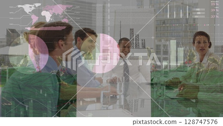 Image of data processing over diverse business people at meeting Image of data processing over diverse business people at meeting 128747576