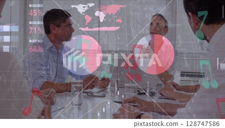Image of data processing over diverse business people at meeting Image of data processing over diverse business people at meeting 128747586
