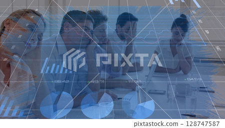 Image of data processing over diverse business people at meeting Image of data processing over diverse business people at meeting 128747587