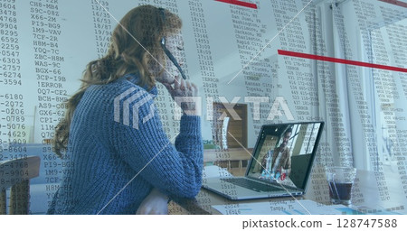 Image of data processing over caucasian woman having a image call on laptop Image of data processing over caucasian woman having a image call on laptop 128747588