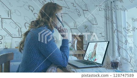 Image of chemicals structures and equations over caucasian woman having a image call on laptop Image of chemicals structures and equations over caucasian woman having a image call on laptop 128747589