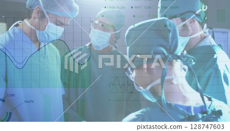 Image of financial graphs over diverse surgeons during operation Image of financial graphs over diverse surgeons during operation 128747603