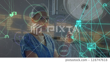 Image of network of connections over caucasian female doctor 128747618