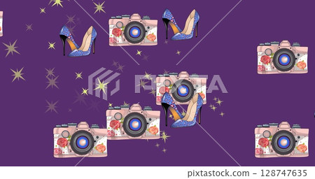 Image of heels, cameras and stars over purple background 128747635