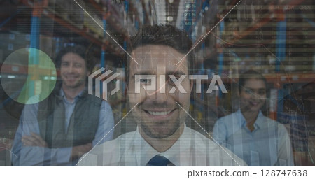 Image of statistics and financial data processing over man working in warehouse 128747638