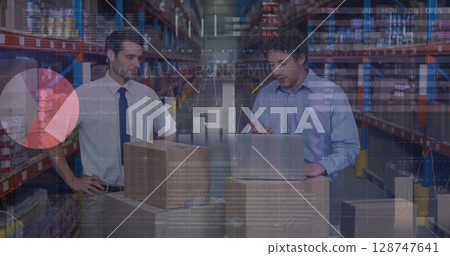 Image of data processing over caucasian workers in warehouse 128747641
