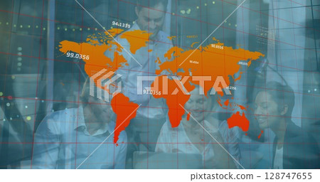 Image of world map and coordinates over people in office and timelapse with walking people Image of world map and coordinates over people in office and timelapse with walking people 128747655