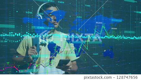 Image of data processing over man using smartphone 128747656