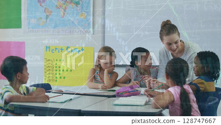 Image of data processing over diverse schoolchildren and teacher using tablet 128747667