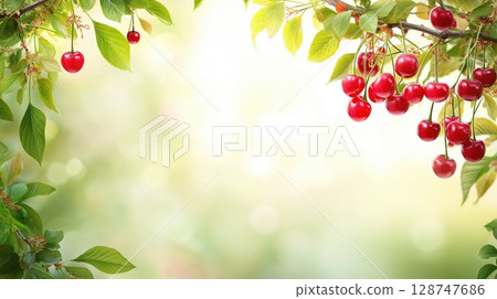 Clusters of ripe cherries hanging from the tree with soft light 128747686