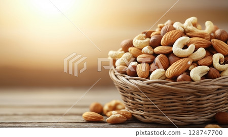 Nut mixture in a wicker basket against a background of soft sunlight Nut mixture in a wicker basket against a background of soft sunlight 128747700