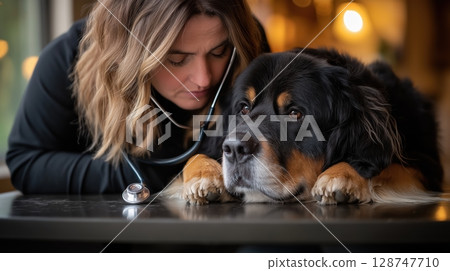 Woman comforting her sad dog in a dimly lit room Woman comforting her sad dog in a dimly lit room 128747710