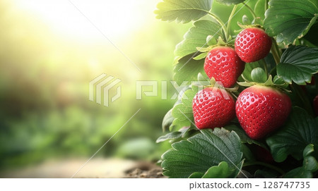 Ripe strawberries on a plant glowing under warm sunlight Ripe strawberries on a plant glowing under warm sunlight 128747735