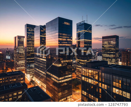 未來城市中的摩天大樓，暮色天空和高樓大廈 128747793