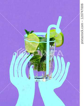 Collage of turquoise hands holding lime cocktail with mint on purple background Collage of turquoise hands holding lime cocktail with mint on purple background 128747806