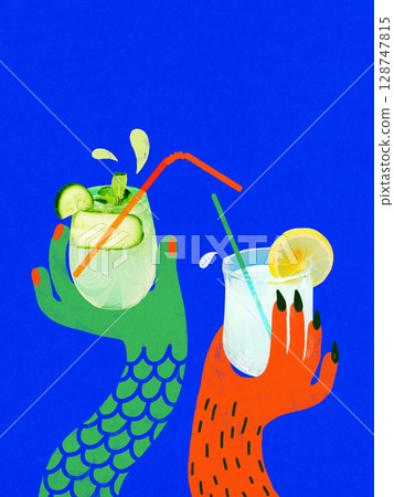 Surreal collage of mermaid and furry monster hands holding cucumber and citrus drinks 128747815