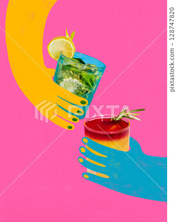 Bright colorful collage of yellow and blue hands holding two summer drinks on pink background Bright colorful collage of yellow and blue hands holding two summer drinks on pink background 128747820