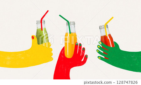 Playful graphic cutout of bright illustrated hands holding three colorful juice bottles with straws 128747826